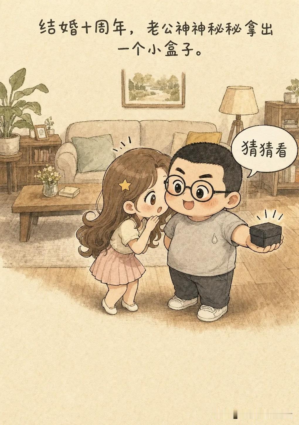 趣味漫画：结婚十周年，老公神神秘秘拿出一个小盒子。老婆惊喜地问：「是钻戒吗？」老