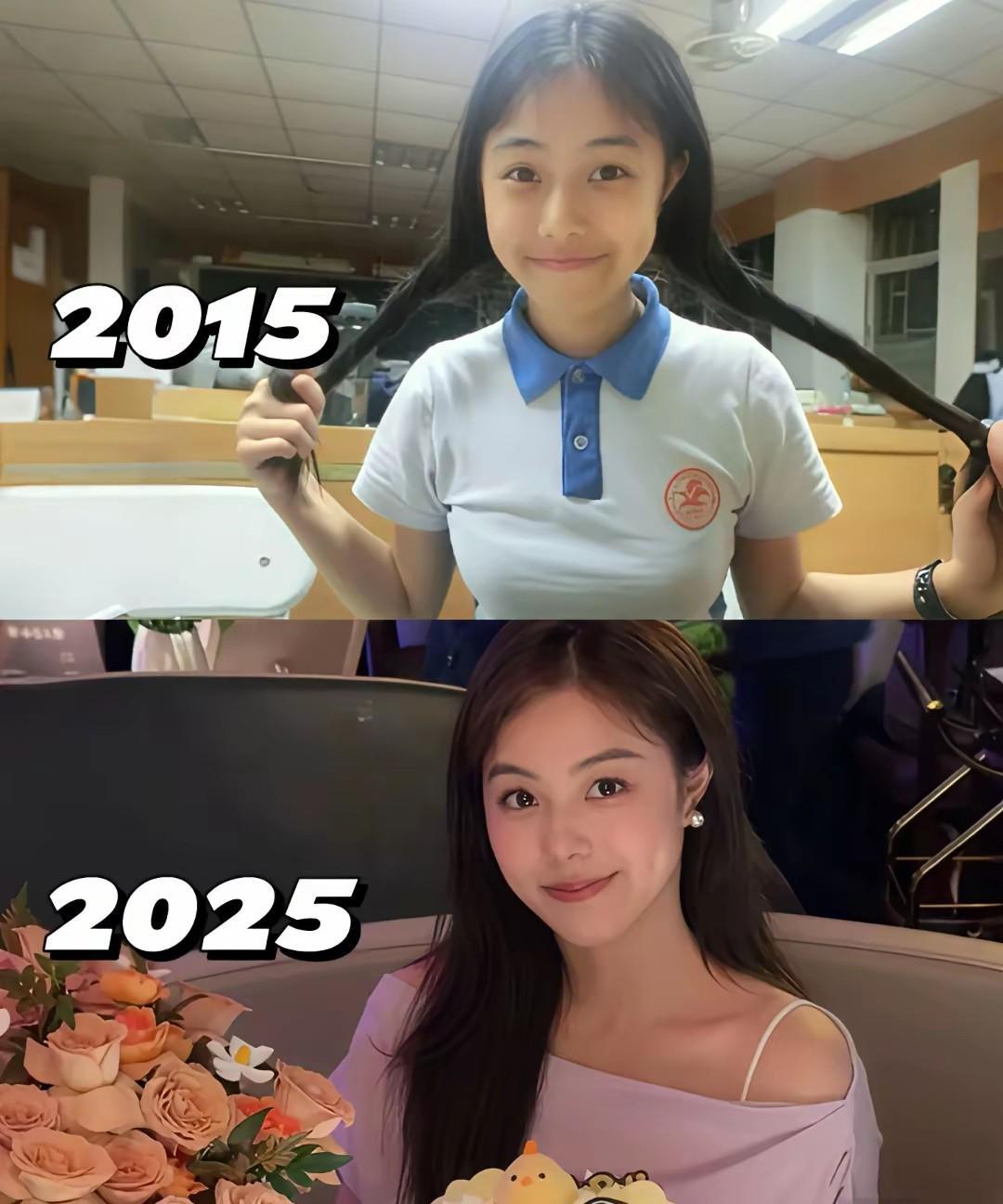 这是一位女生相隔10年的两张照片2015年时，她还是一位高中生，扎着两根马尾辫