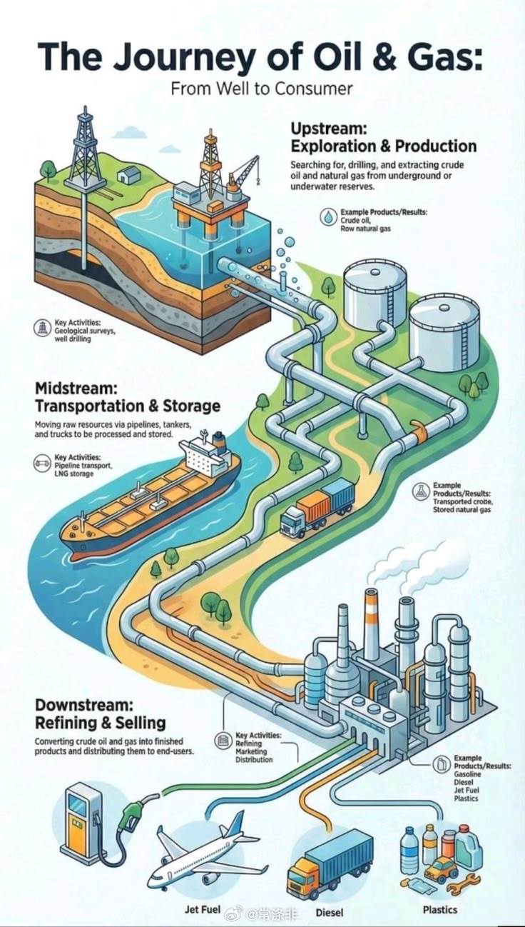 🛢️石油和天然气的发展历程🔍上游——勘探、钻井和原油开采🚛中游——管道