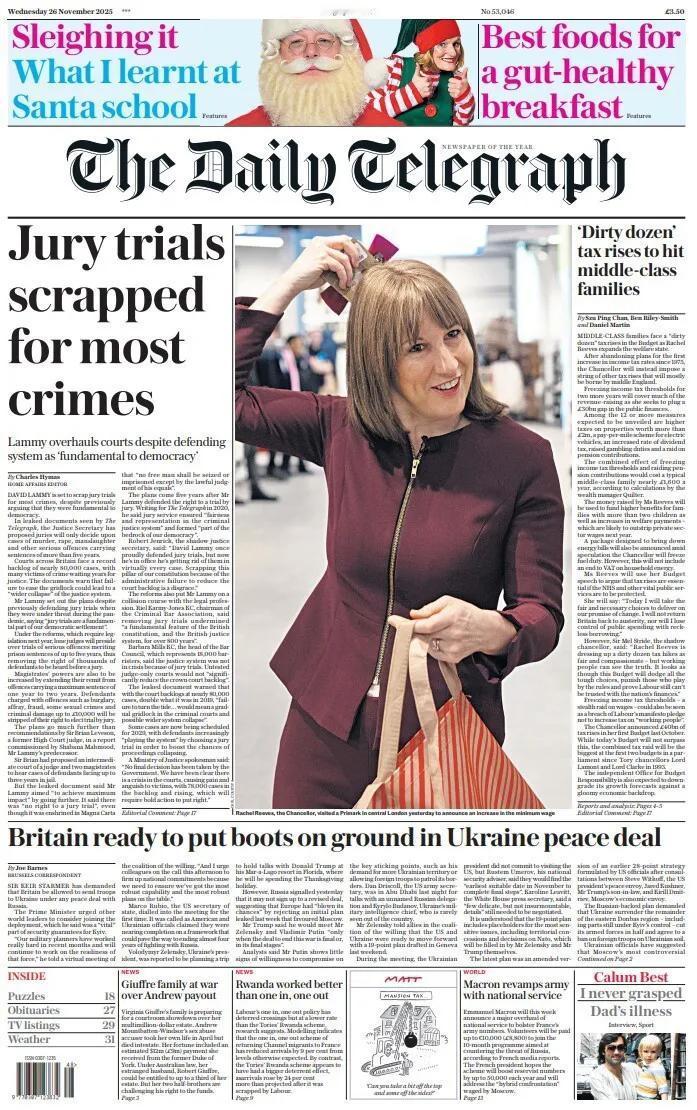 《每日电讯报》报道称，英国副首相大卫·拉米提出对英国法院进行改革，意味着陪审团只