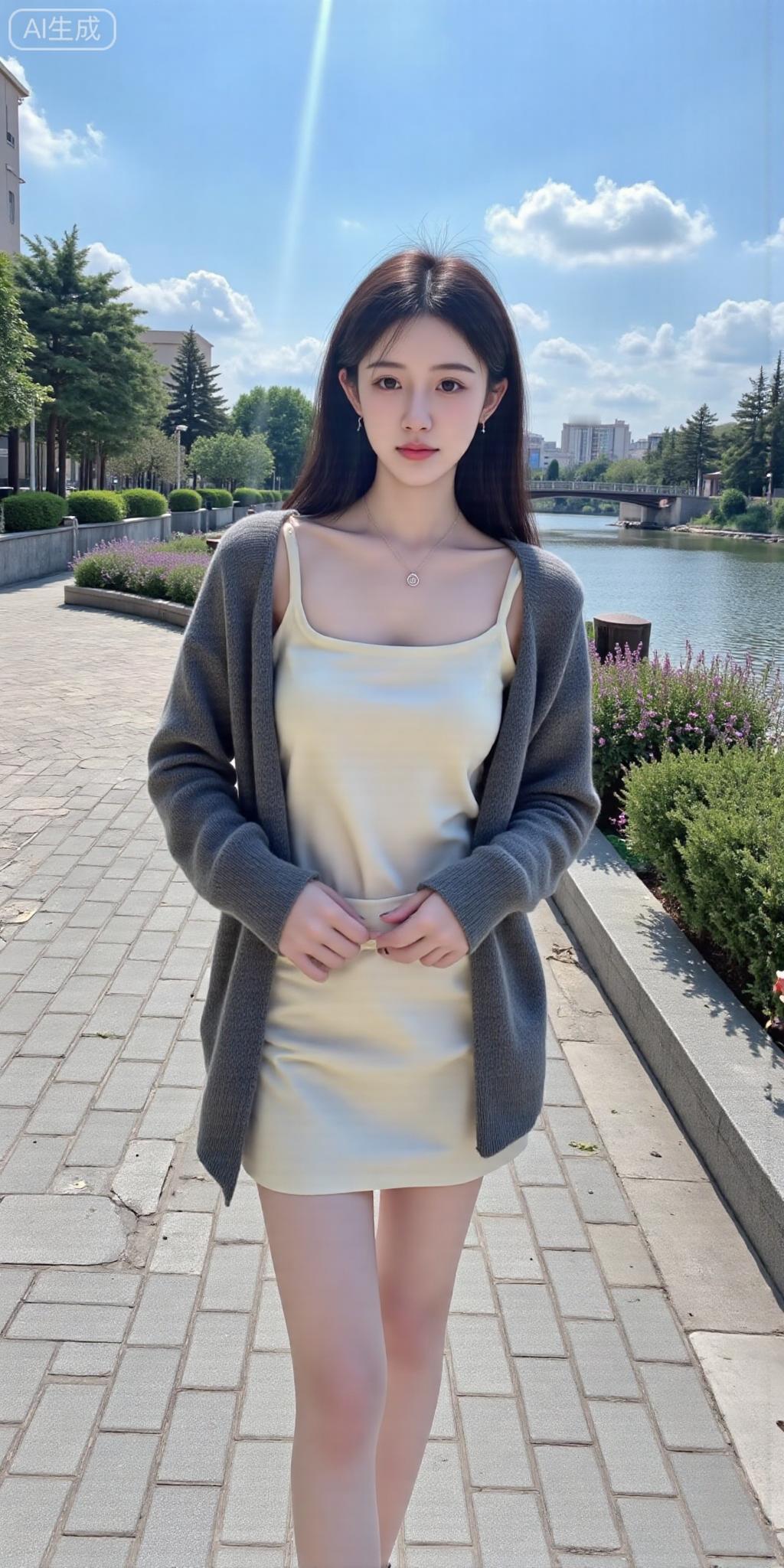 湖畔风裹着浅夏，灰开衫搭奶白裙，颈间细链晃着柔光。她往石径上一站，连云影都跟着柔