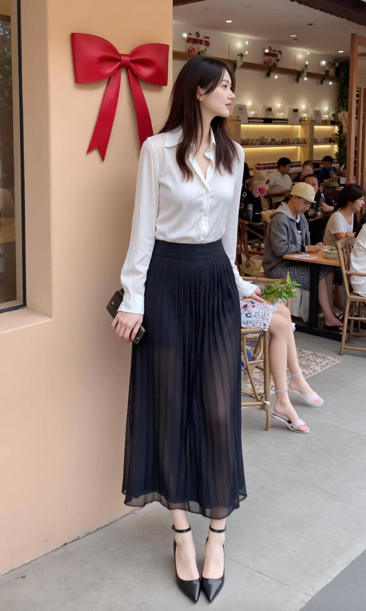 优雅白衬衫+黑色长裙，都市时尚风，完美搭配！👗👠