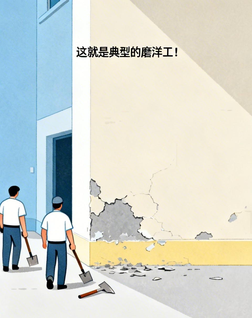 这就是典型的磨洋工！我们楼下单元门口靠近地面处有一块墙皮脱落了2-3平方米的样