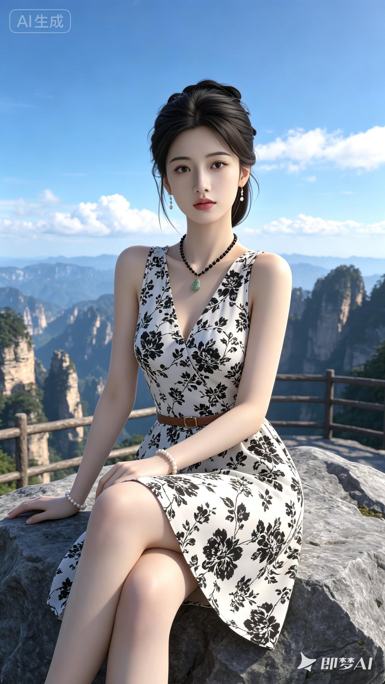 这位小姐姐坐在山崖上，风景真美。