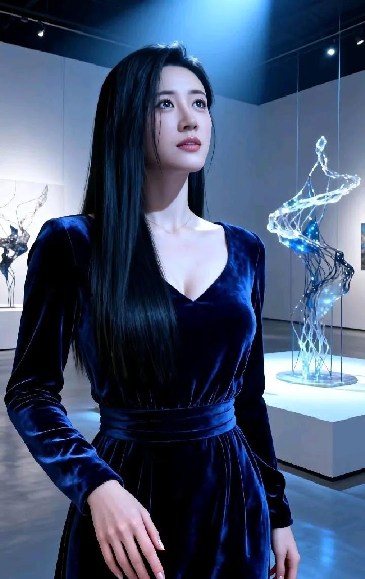 优雅蓝裙少女，置身现代艺术馆，感受艺术与美的交融。