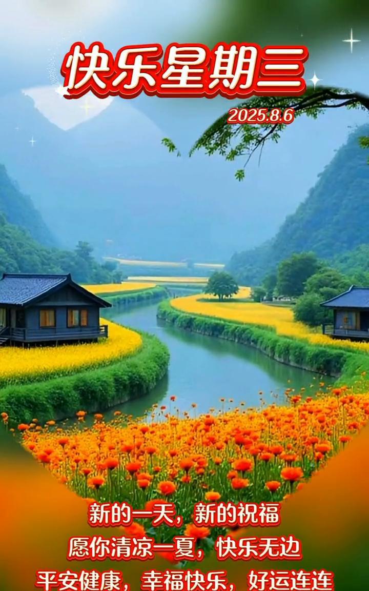 快乐星期三。新的一天，新的祝福。愿你清凉一夏，快乐无边。平安健康，幸福快乐，好