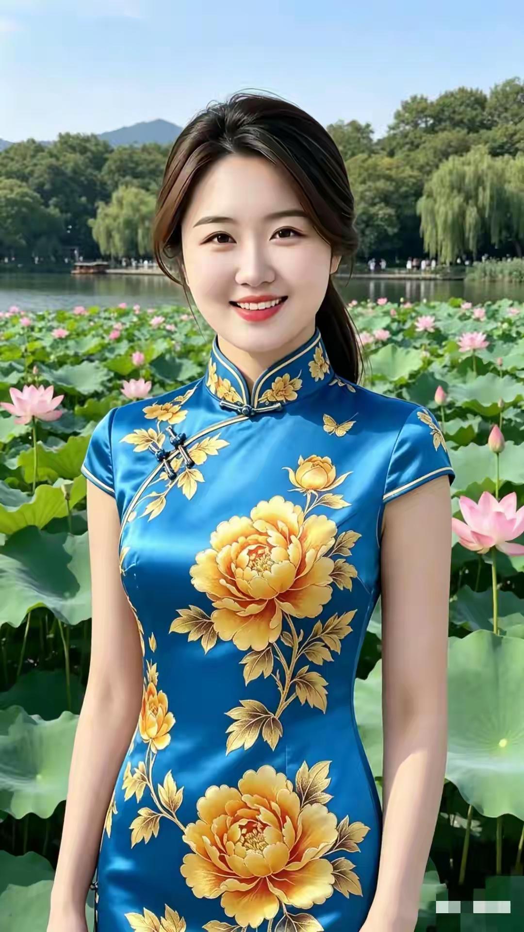 夏日荷塘，旗袍少女，笑靥如花