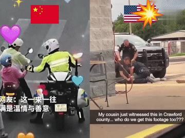 在X上的东、西两大国警察对比视频！都不错，都能和群众打成一片[无奈吐舌]。西大警察更