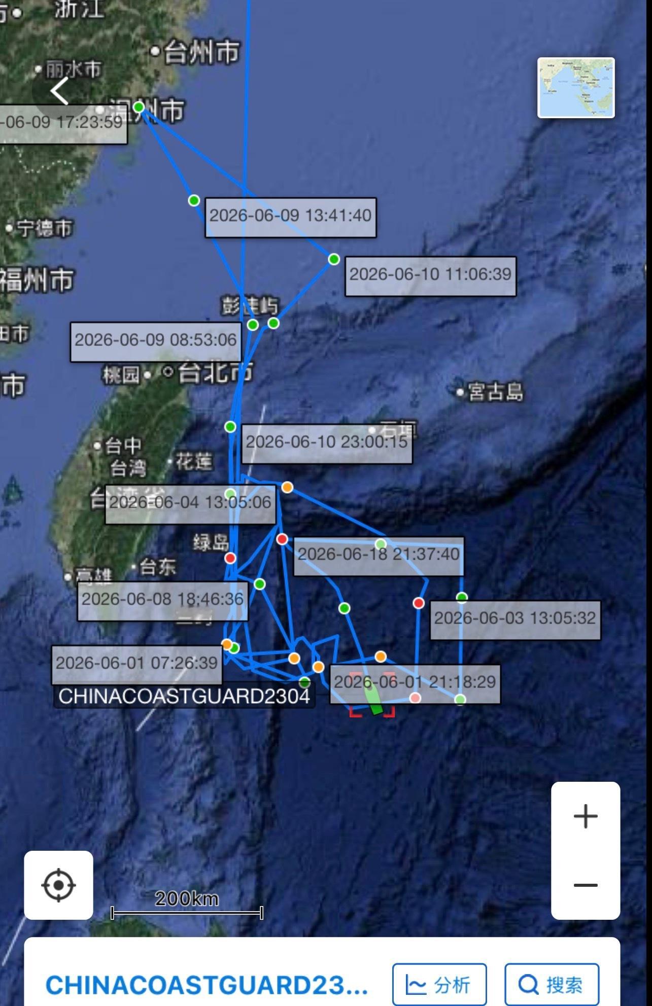 海警2502舰编队再次前往台岛以东海域巡逻执法AIS信号显示，中国海警2502舰