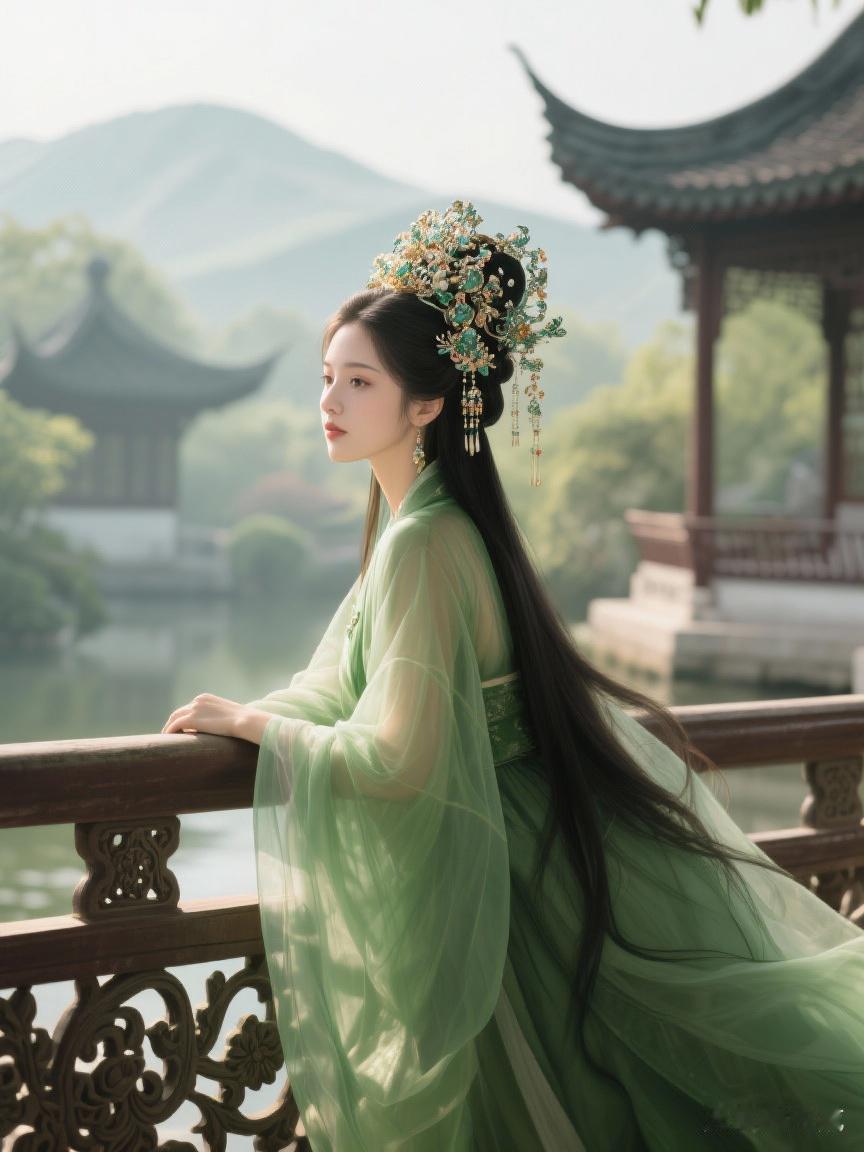 “碧水青山映古风，美人倚栏思悠长”，这画面太美了。想象在那碧水悠悠处，青山连绵，