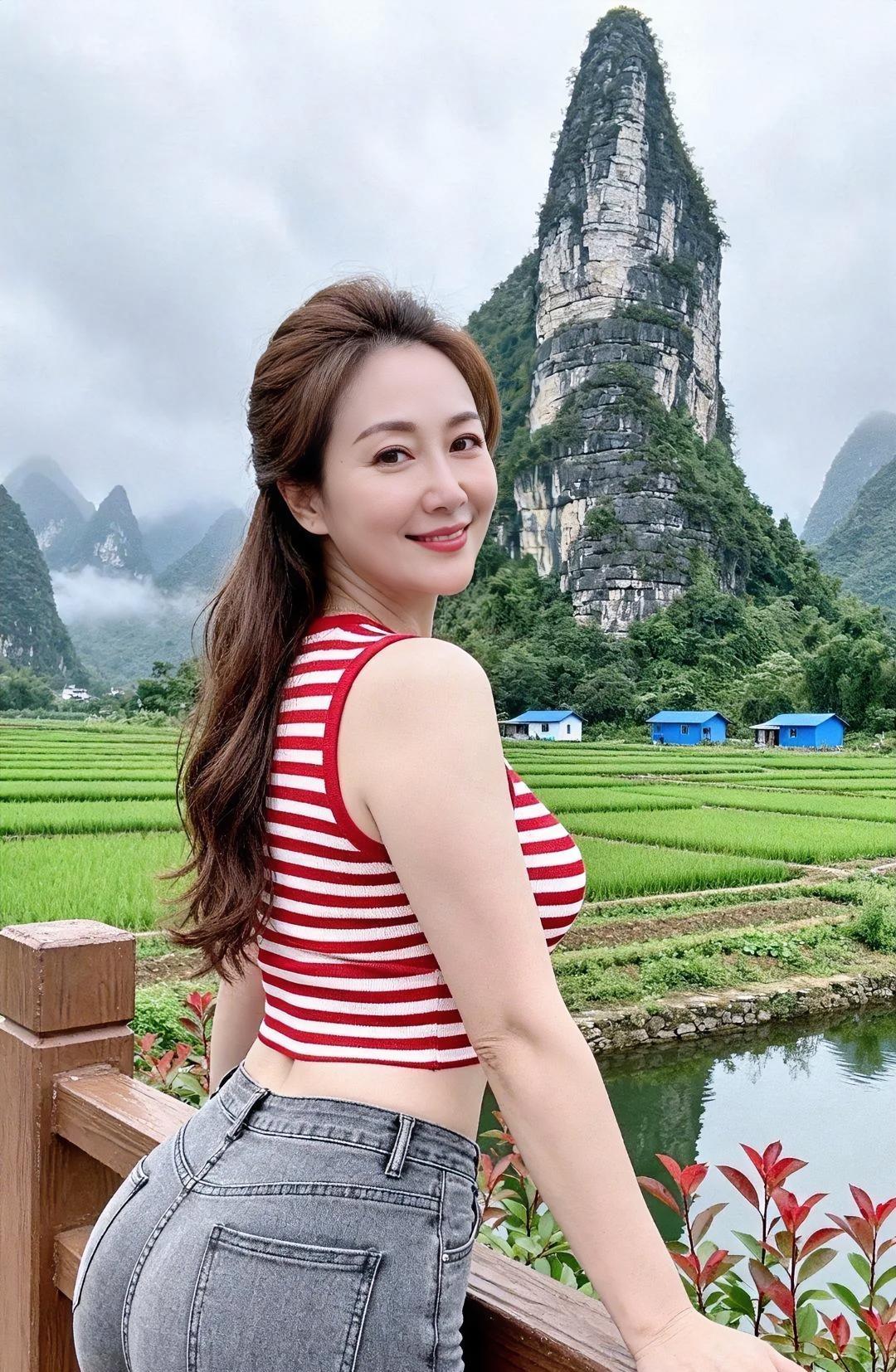 回眸一笑，条纹衫染亮青绿稻田。奇峰云绕，蓝屋静卧水边。微风轻拂发