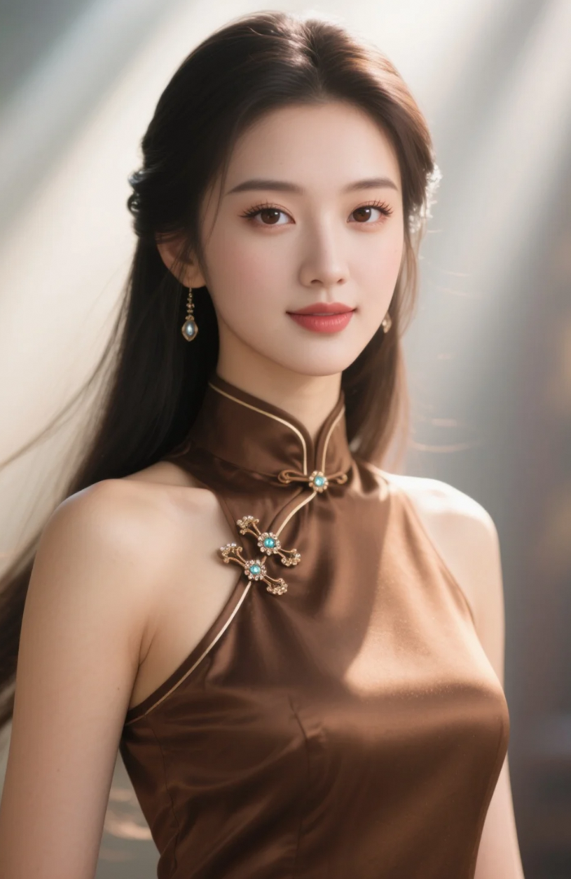 这身咖色旗袍，显白又显贵