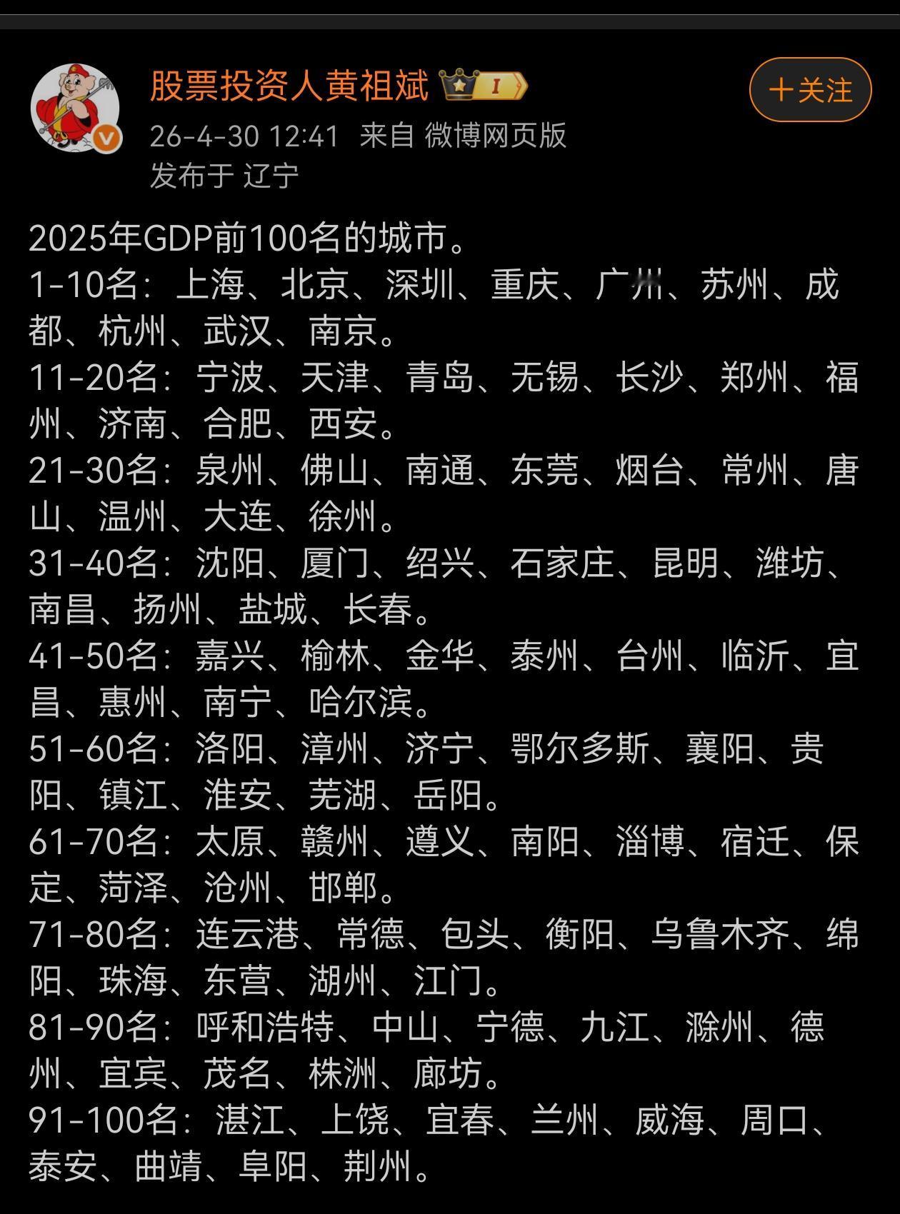 2025年GDP前100名的城市：