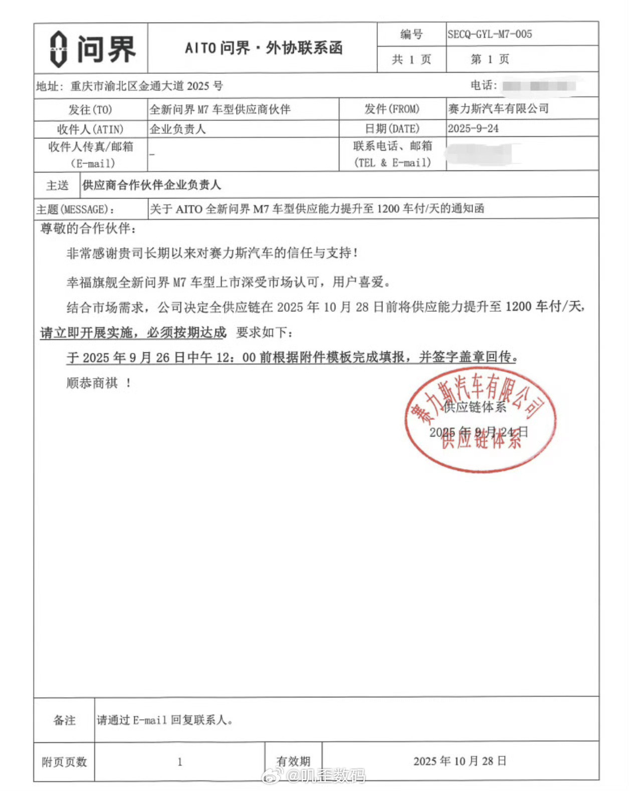 赛力斯要求供应商把问界M7的交付提升至1200车付/天。刚看了一下数据，说问界m