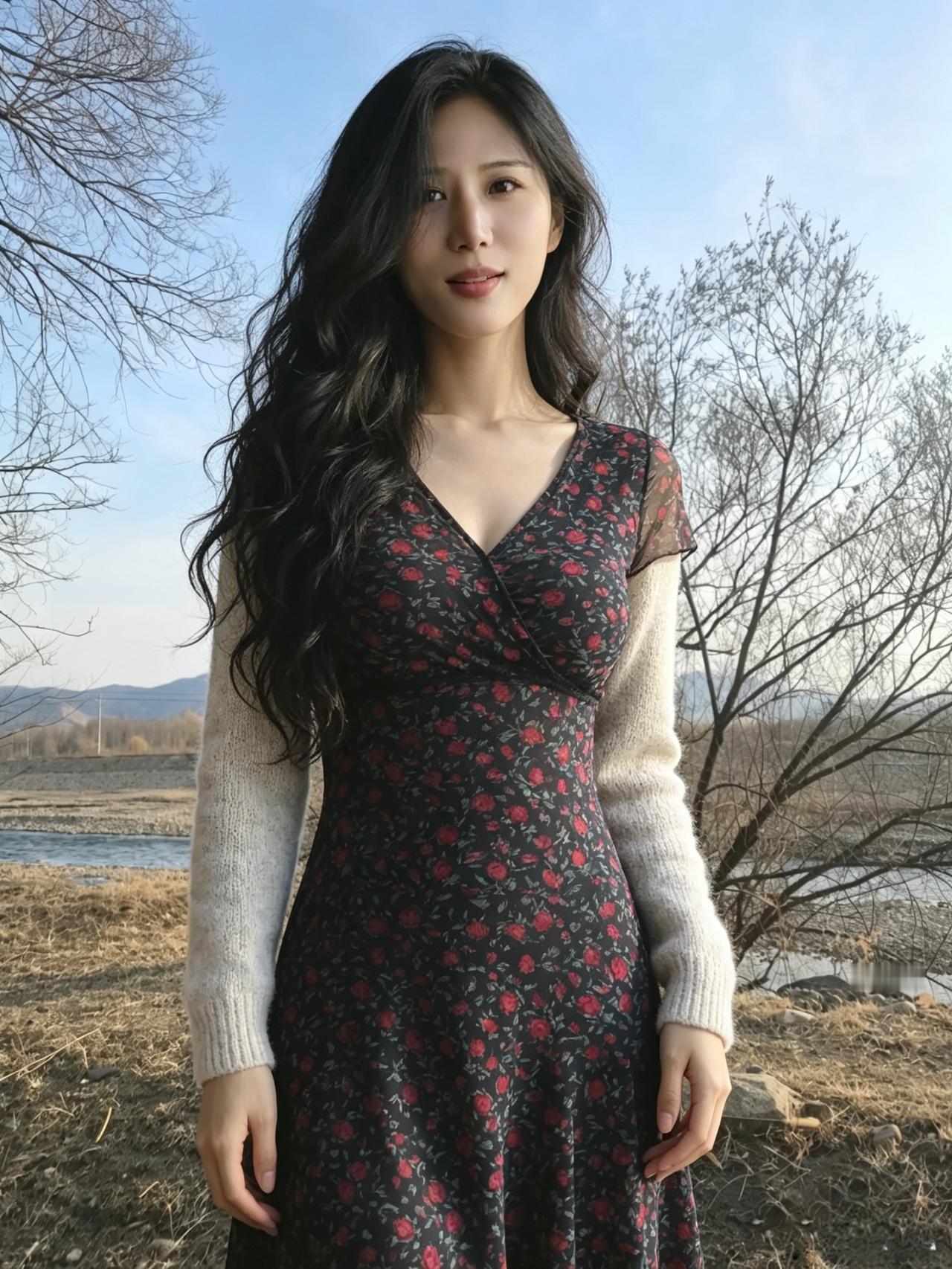 野岸晴光映浅溪，罗裙花影缀红绯。柔丝漫卷东风里，不借丹青自入诗。