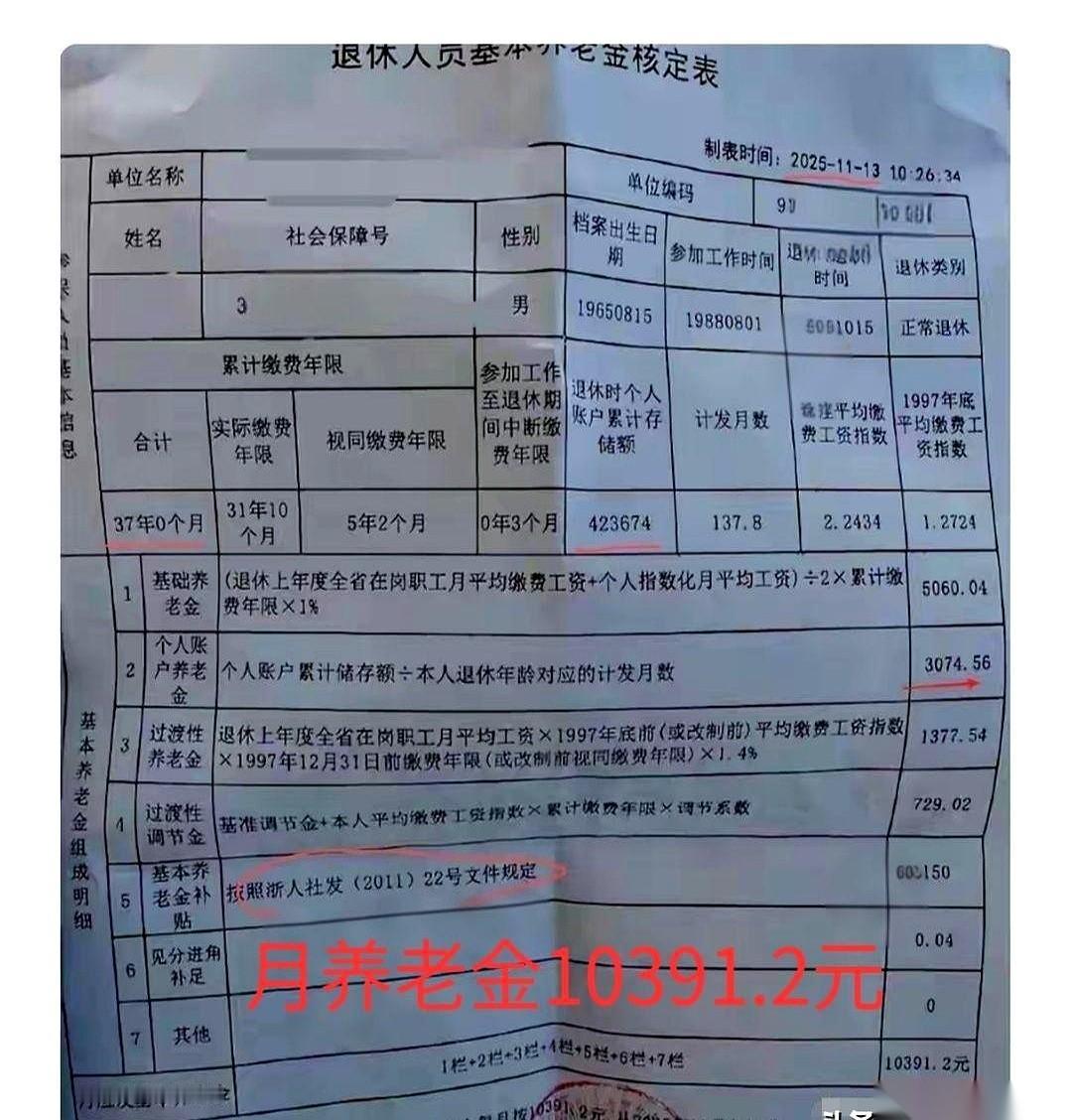 10391.2元。这是一份刚从打印机里出来的浙江企业退休人员核定表，最后定格的