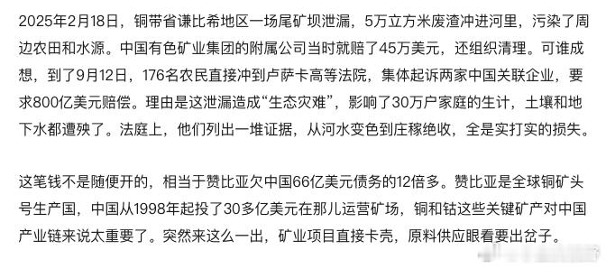 赞比亚那800亿美元索赔的事儿，目前仍然是卡着的，发生事故的公司目前仍处于停产状