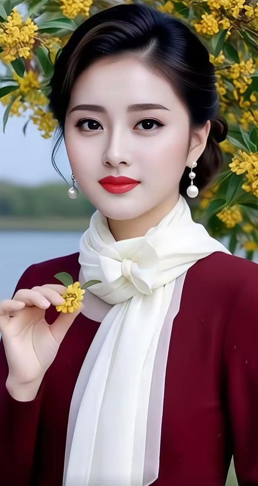 优雅气质，一抹红唇，花间漫步，尽显温柔。