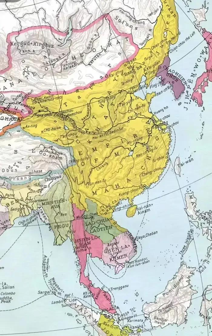 这是一幅1935年由哈佛大学出版的《中国历史地图集》中描绘的明朝永乐年间（约14