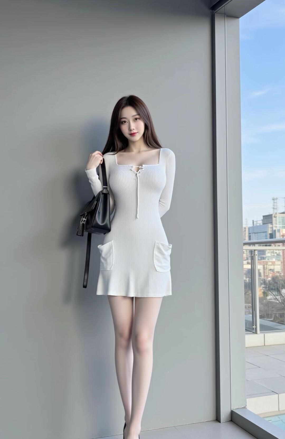都市时尚少女，优雅白裙，手提包相伴，都市风范。