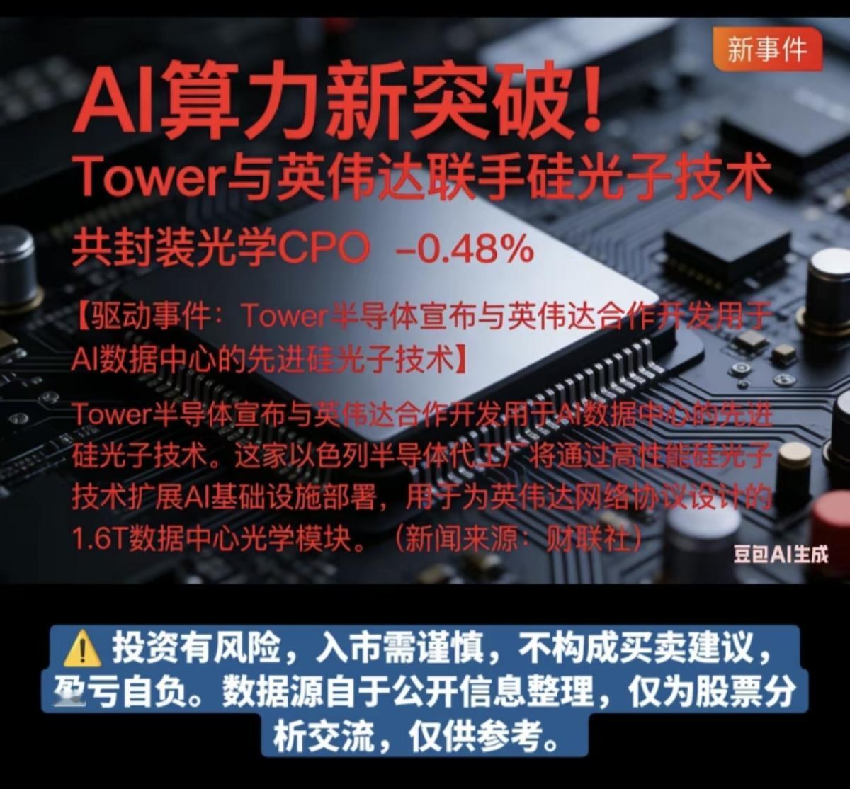 AI算力新突破！Tower与英伟达联手硅光子技术！相关核心龙头股：