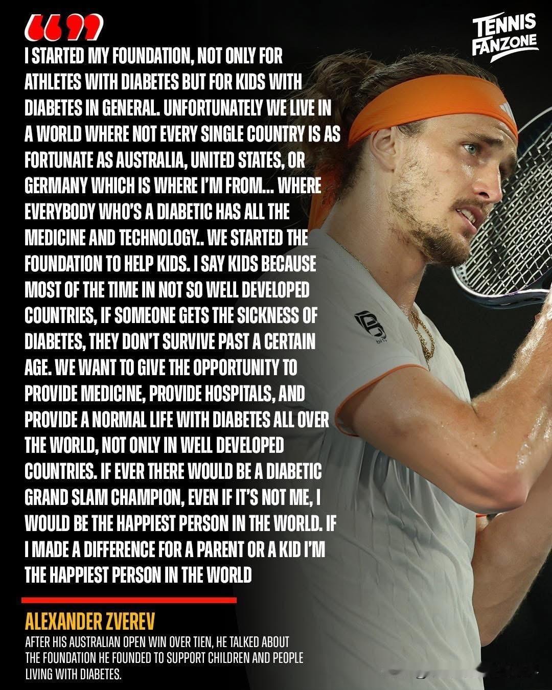 兹维列夫在澳网战胜田中青波后，他谈到了他创立的基金会，该基金会旨在支持患有糖尿