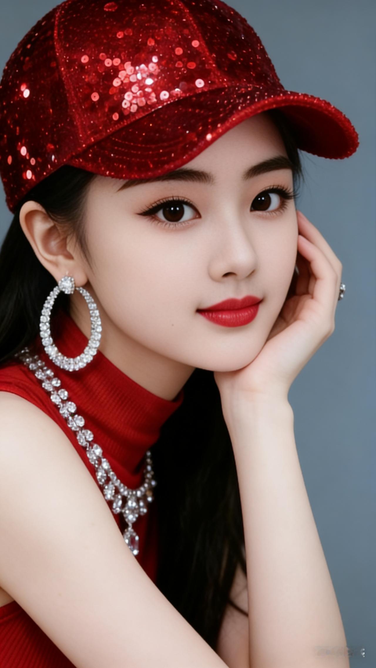 侧身单手轻撑脸颊，头戴红色亮片帽，身穿红色无袖上衣，搭配精致珠宝配饰，明艳吸睛，