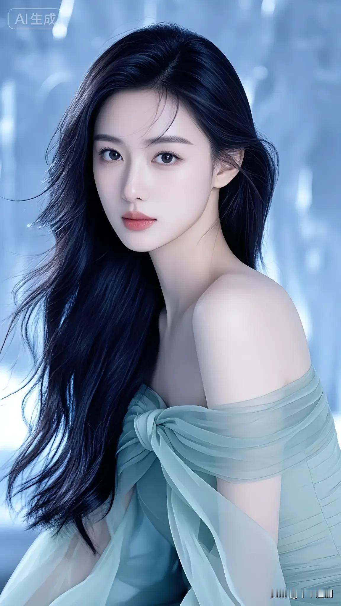 雾蓝调的光裹着纱裙，长发漫成轻垂的云。唇色是浅浸的春，连肩头的褶皱都浸着软而清的