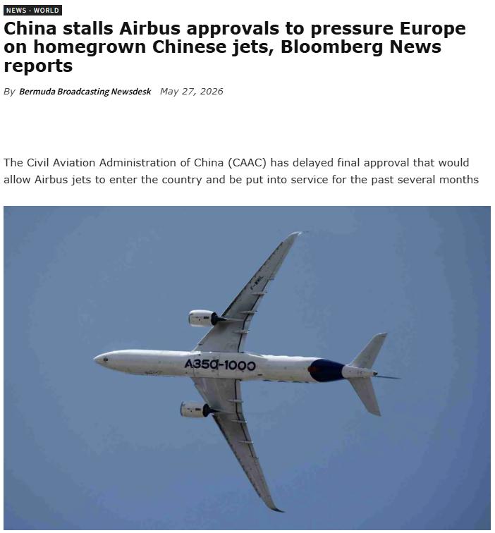 中国果断出手反制！彭博社5月27日援引知情人士消息称，中国已暂停批准空客飞机交付