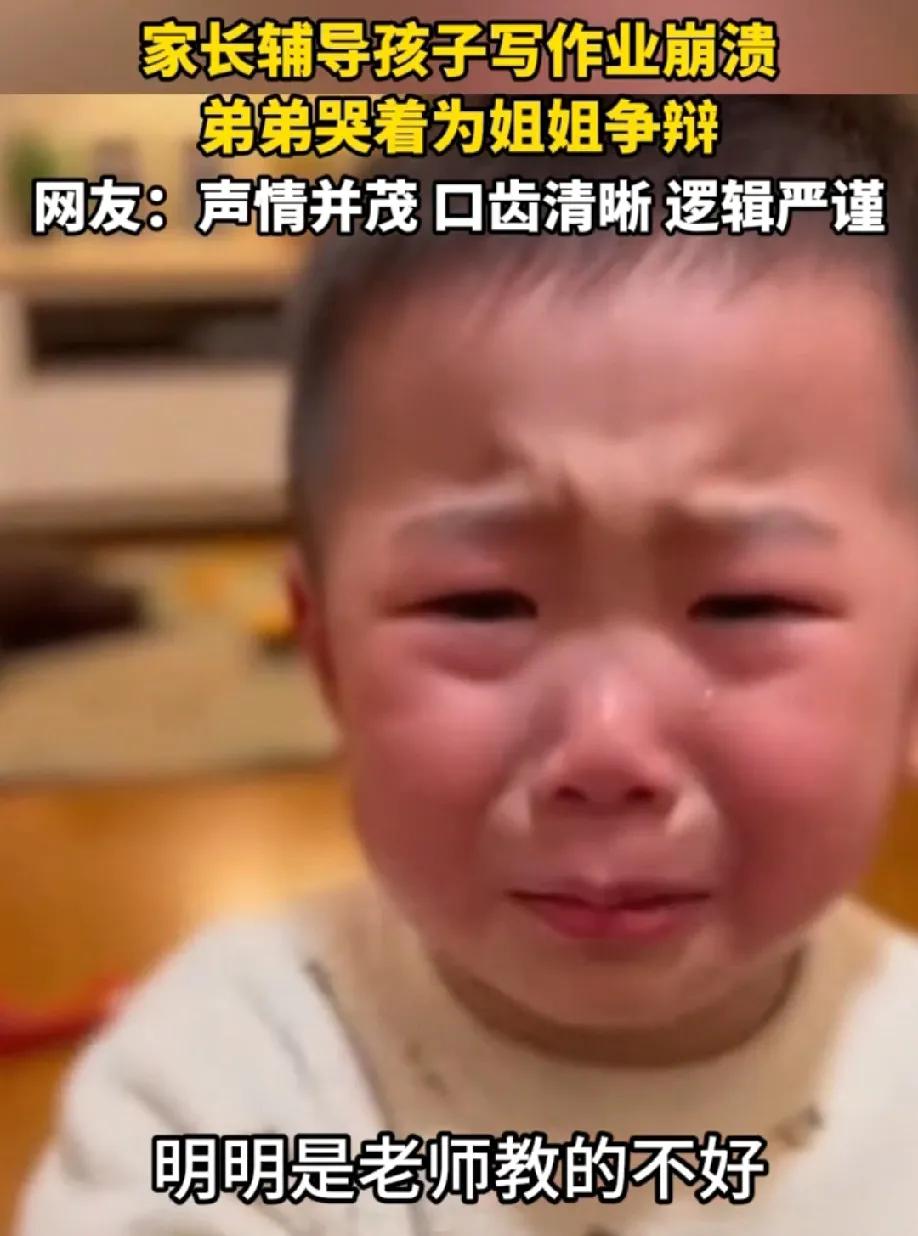 一家长辅导孩子写作业崩溃，弟弟哭着为姐姐争辩，老师教的不好、学习压力大、睡眠不足