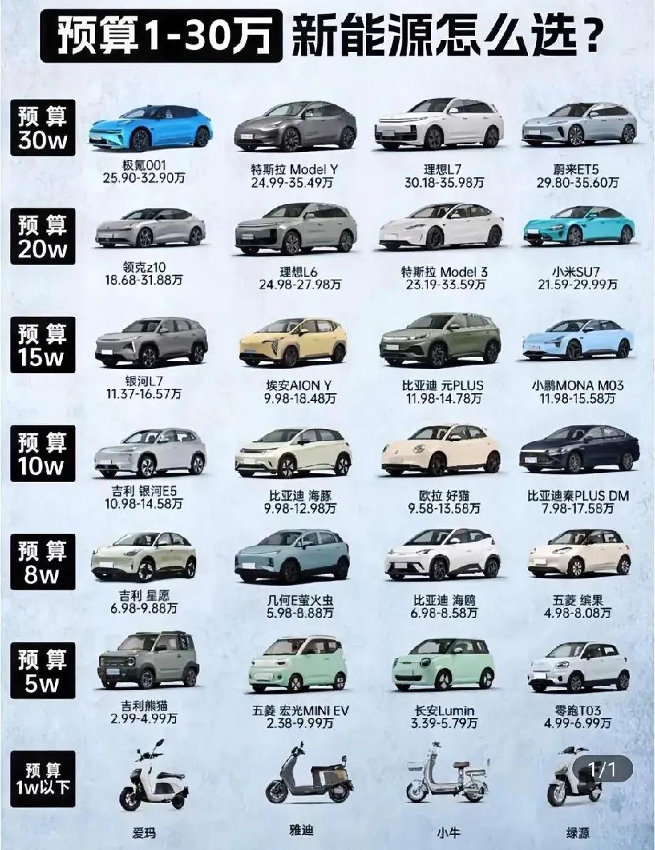 买新能源车，一图看完!买新能源车不纠结，一图看完1-30万性价比选你们是不是手