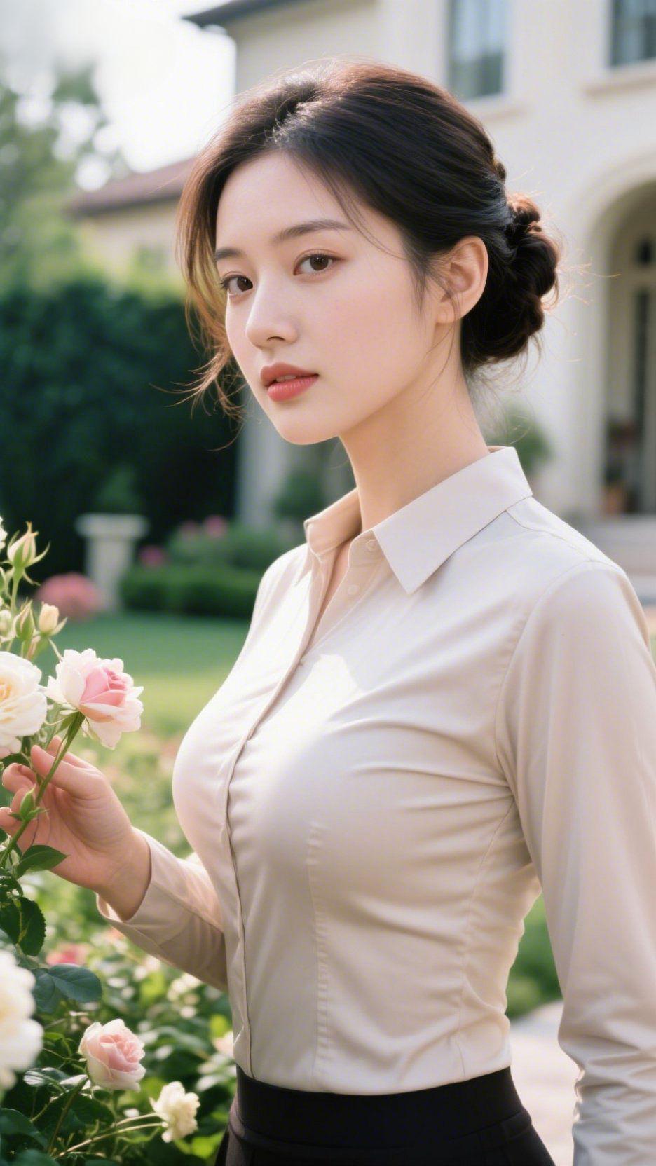 庭院温柔光景粉白玫瑰缀满青枝，微风裹挟淡淡花香漫过洋房院落。暖阳铺洒在繁茂
