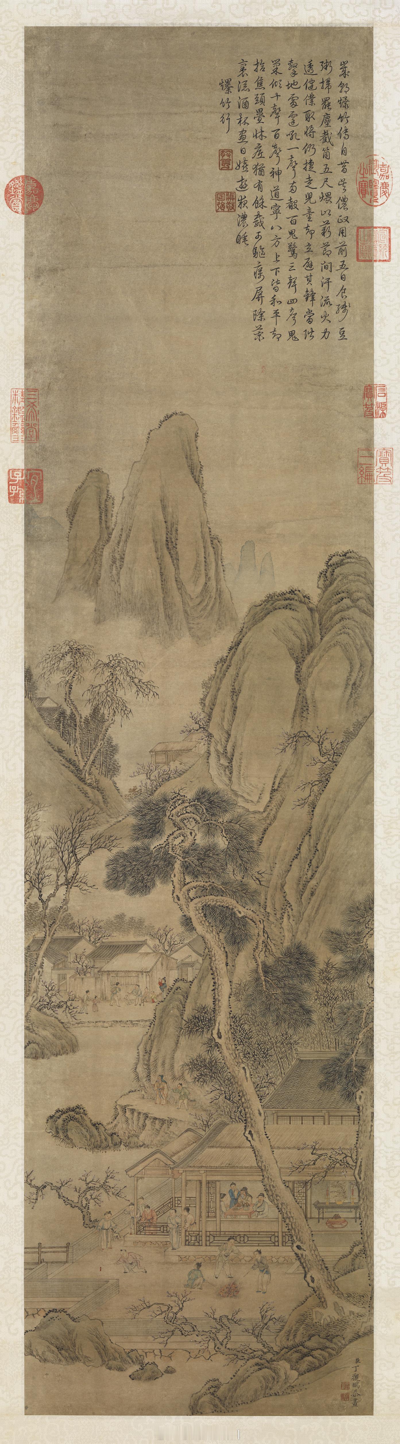 清丁观鹏绘高宗御题范成大爆竹行　轴作者款识丁观鹏本幅臣丁观鹏恭画