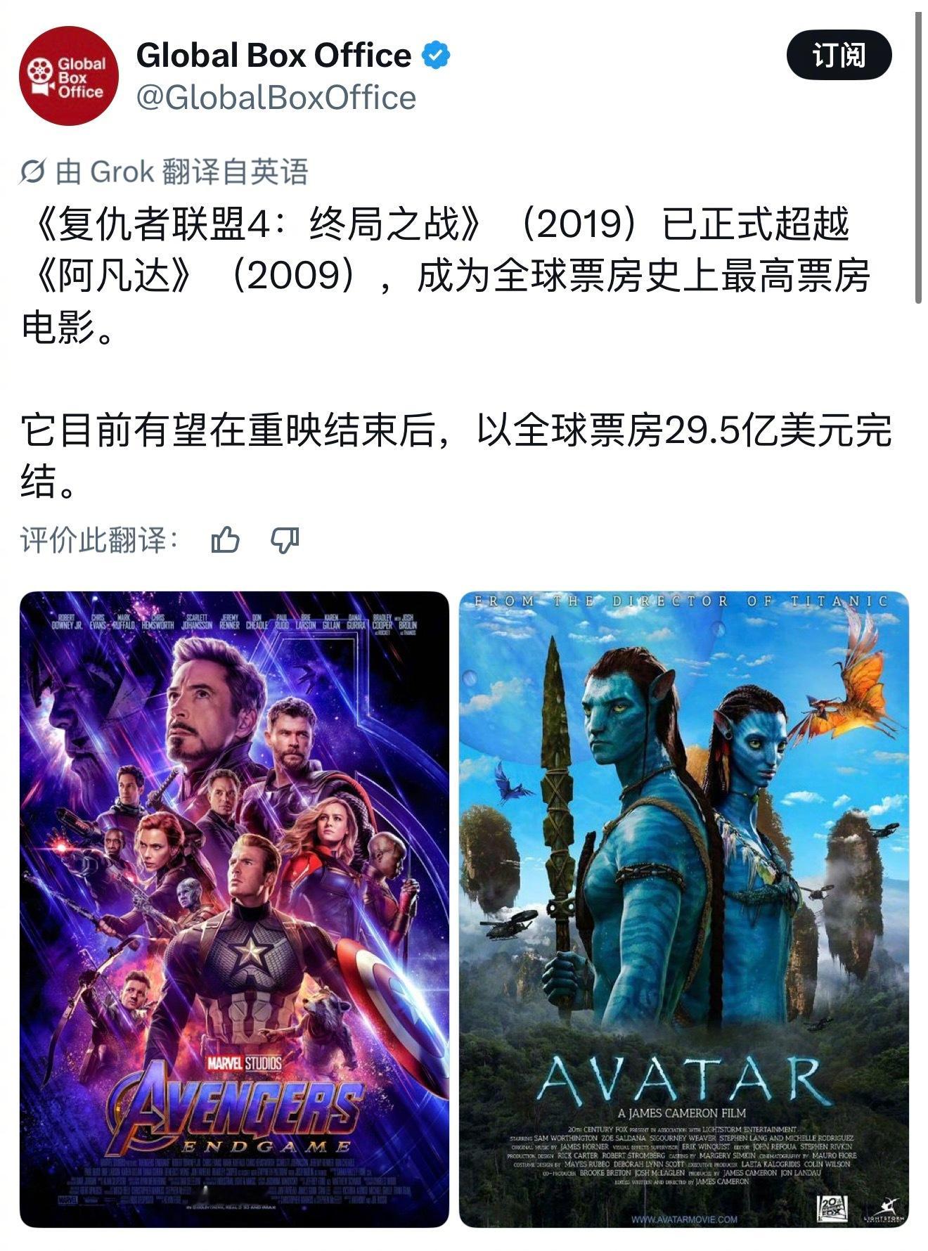 《复仇者联盟4》重回全球票房第一宝座。多年来，随着两部大片多次重映，票房榜首的位