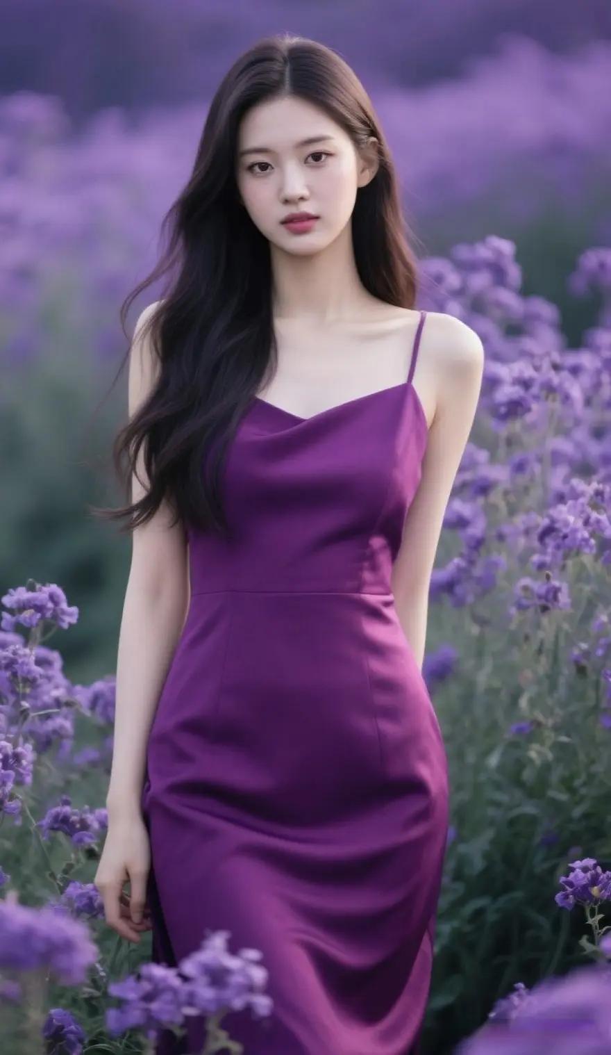 紫色花海中的少女，梦幻般的紫色连衣裙，宛如童话中的公主。