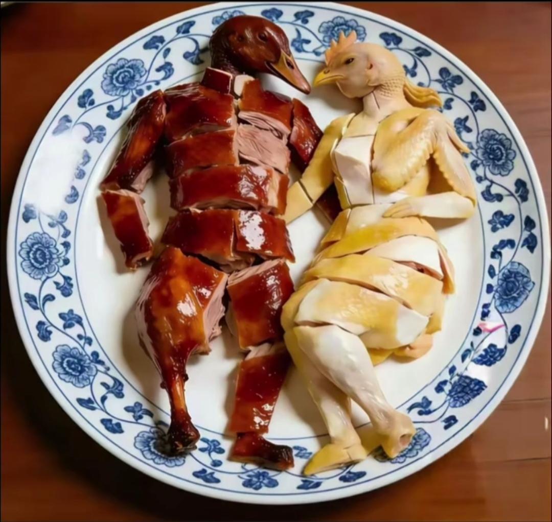 这鸡鸭拼盘的摆盘，直接封神了！被这道创意鸡鸭拼盘狠狠拿捏住了！油亮的烧鸭配鲜嫩