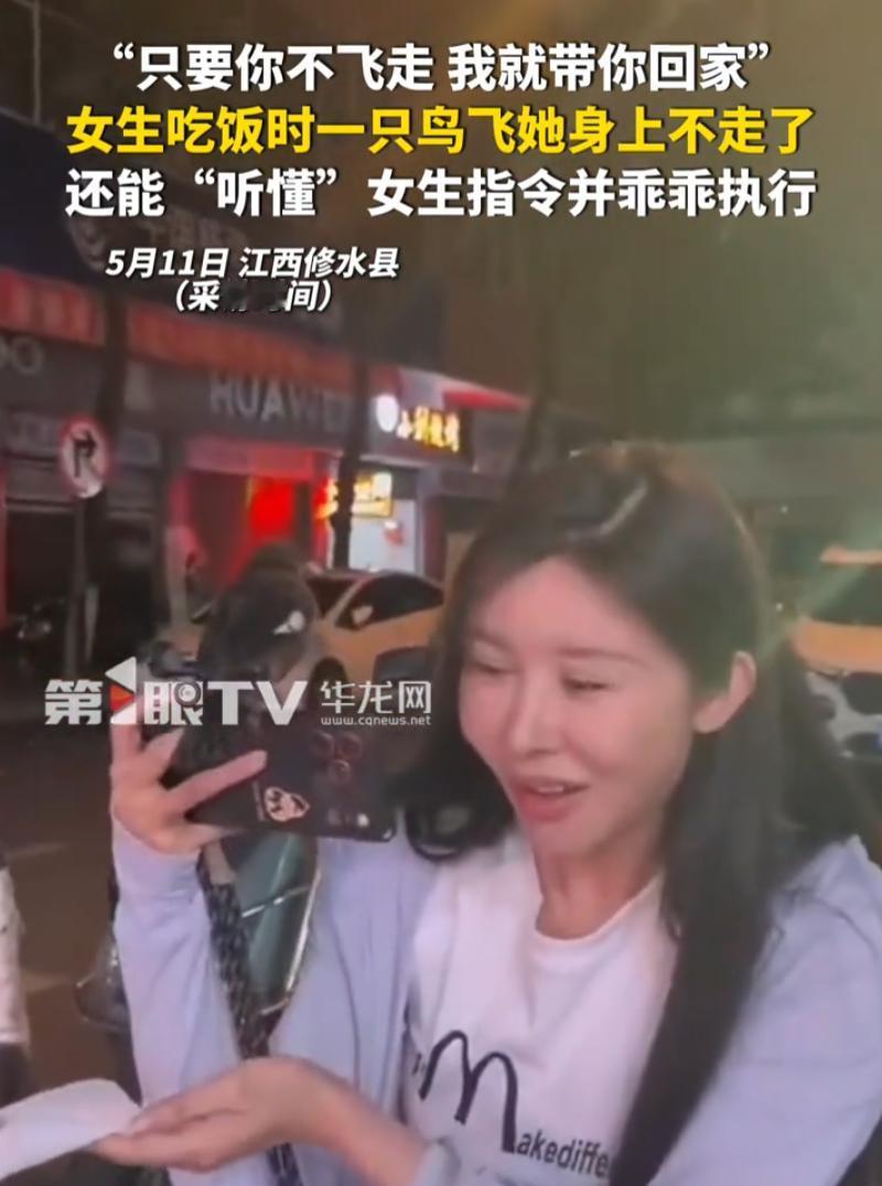 这下解释不清了！江西修水县，女子晚上在路边吃饭，突然一只鸟飞了过来围着她转，女子