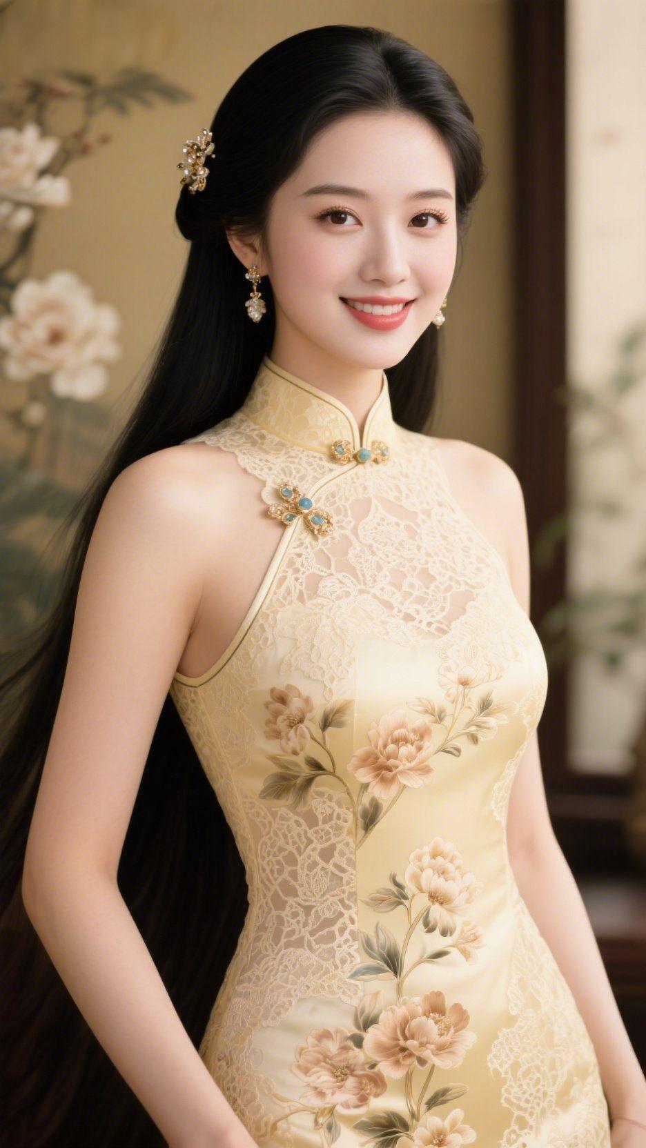 雅韵藏芳华米黄调旗袍晕染着东方的温婉，蕾丝的细腻肌理与牡丹纹样相映成趣，精