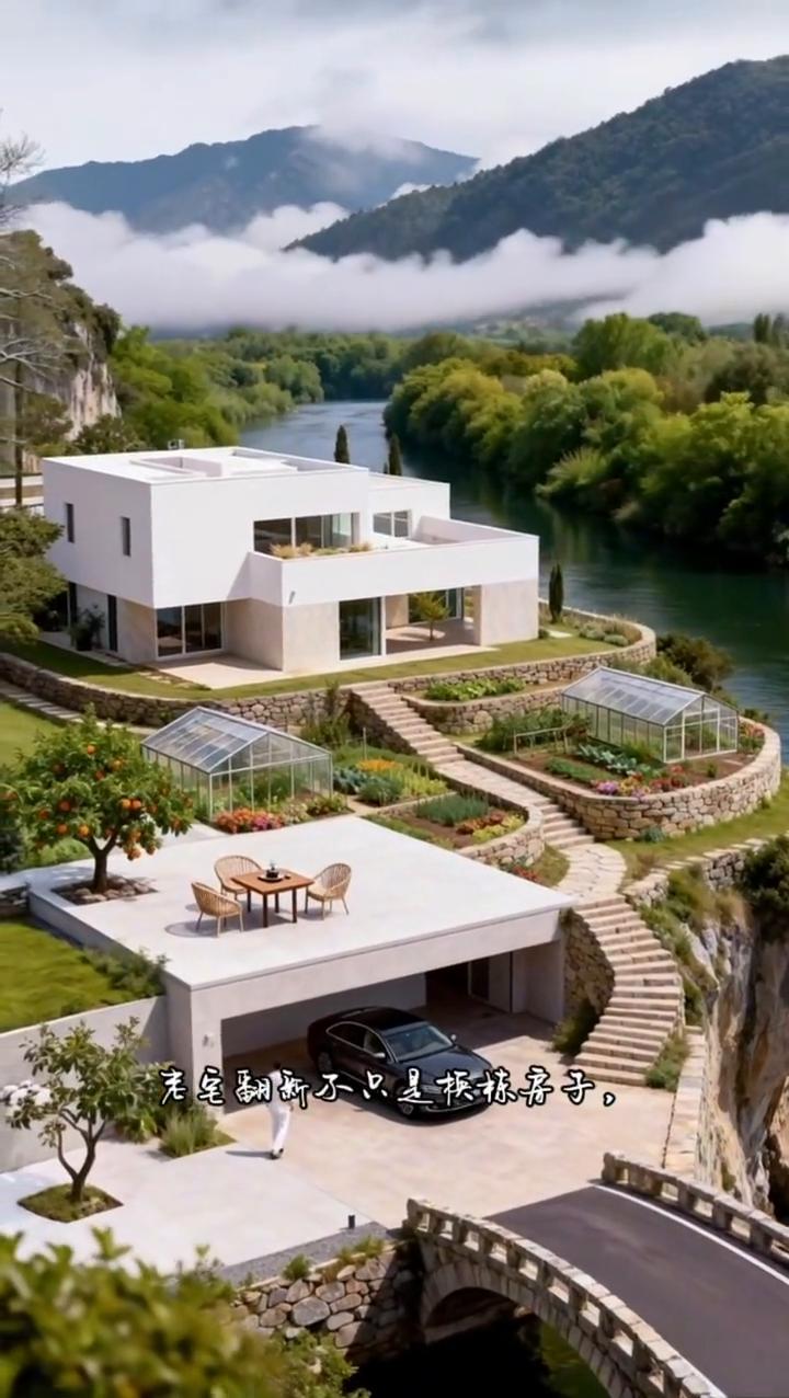 你们看看这前后对比，曾经漏风漏雨的砖房，现在摇身一变成了带全景落地窗的现代别墅。