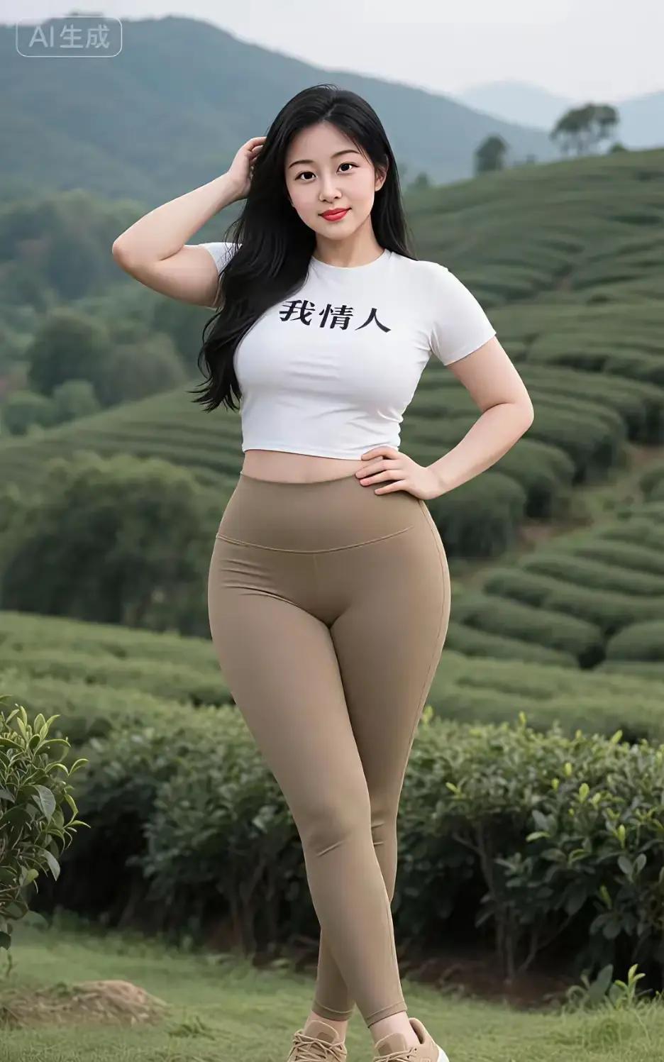 茶园拍照显胖？一招秒变腿精卡其瑜伽裤+白短T，茶园里随手一拍就是大片。腰露