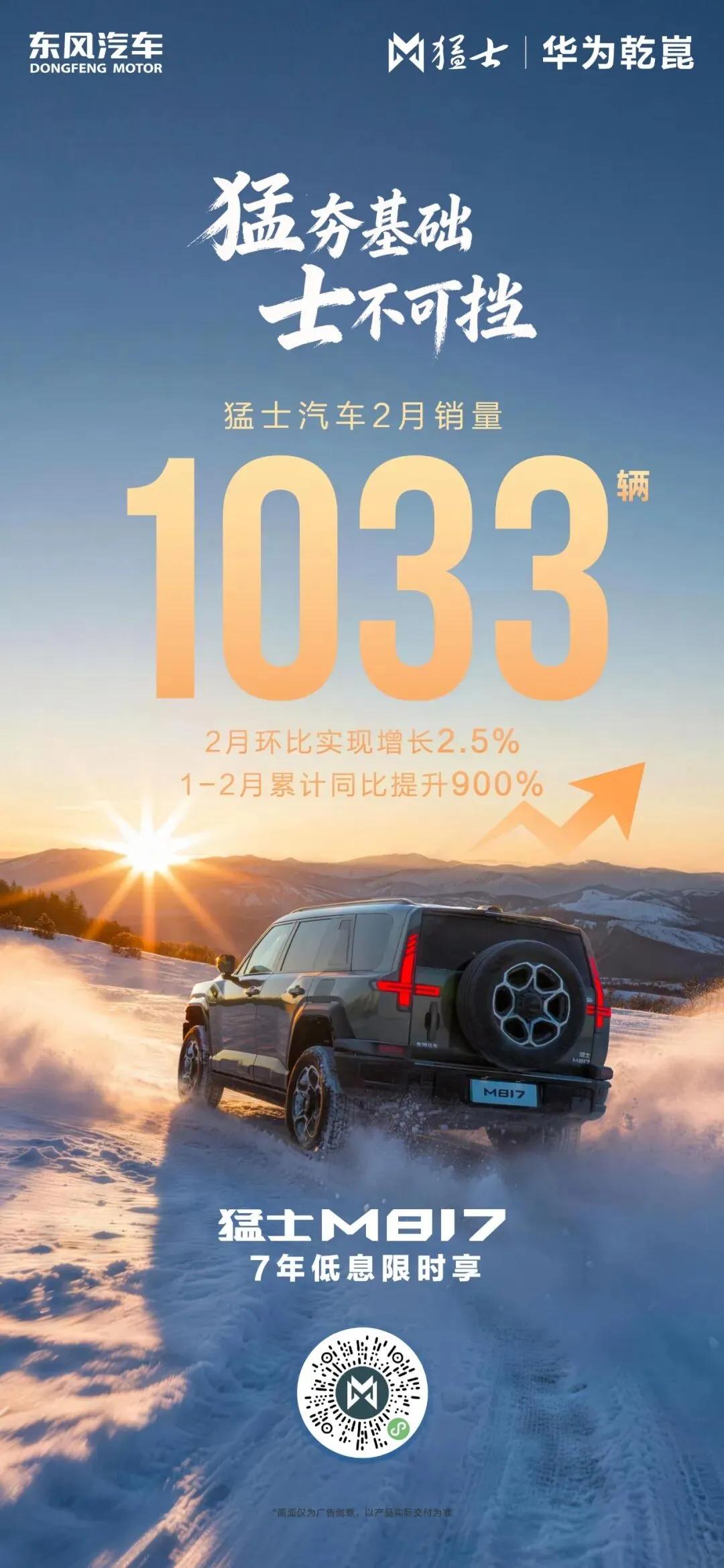 🚀猛士汽车2026年2月销量快报1033辆，环比**+2.5%；1-2