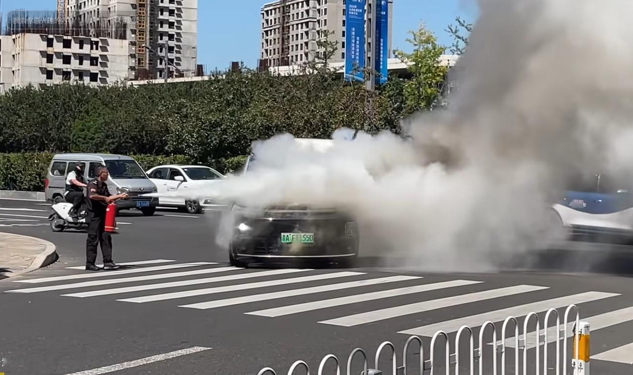 又有新能源车在马路中间起火了！而且，用灭火器喷都喷不灭。最后没有办法，喷灭火器