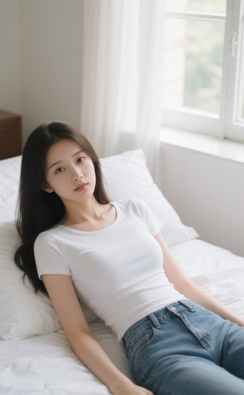 温婉少妇家居瞬间，牛仔裤衬出柔美气质