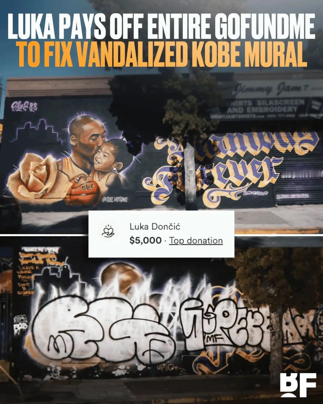 【科比Gigi在洛杉矶的壁画被破坏，东契奇捐出所需修复金额】近日，Kobe&
