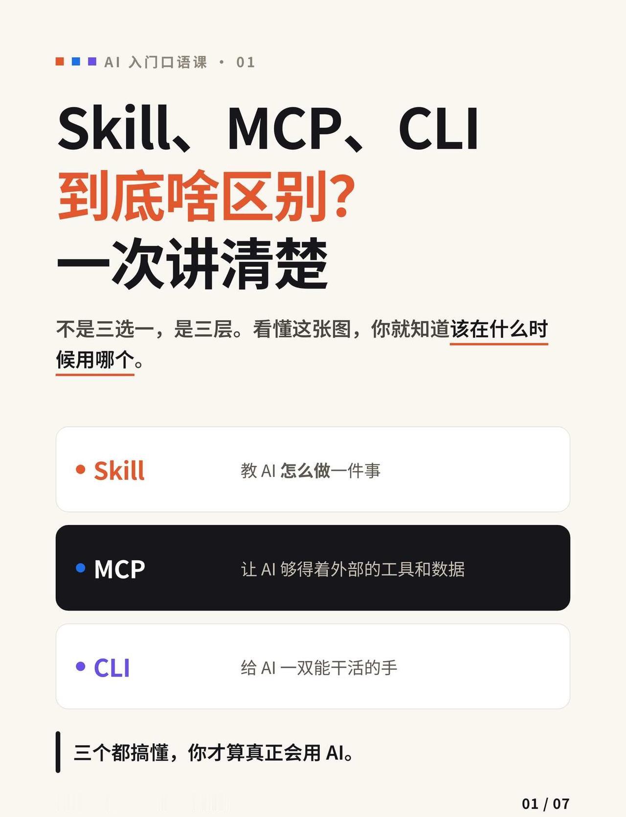技能、MCP、CLI到底啥区别，一次性讲清！简单来说：skill就是教给Ai怎