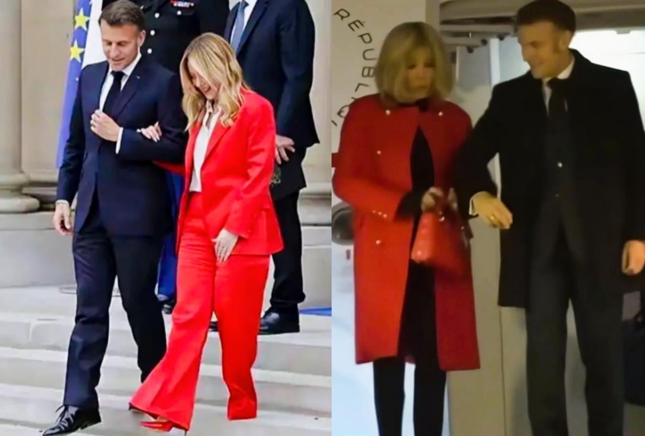 马克龙和梅洛尼挽着胳膊更默契呢？还是与妻子布丽吉特挽着胳膊更默契呢？马克龙和