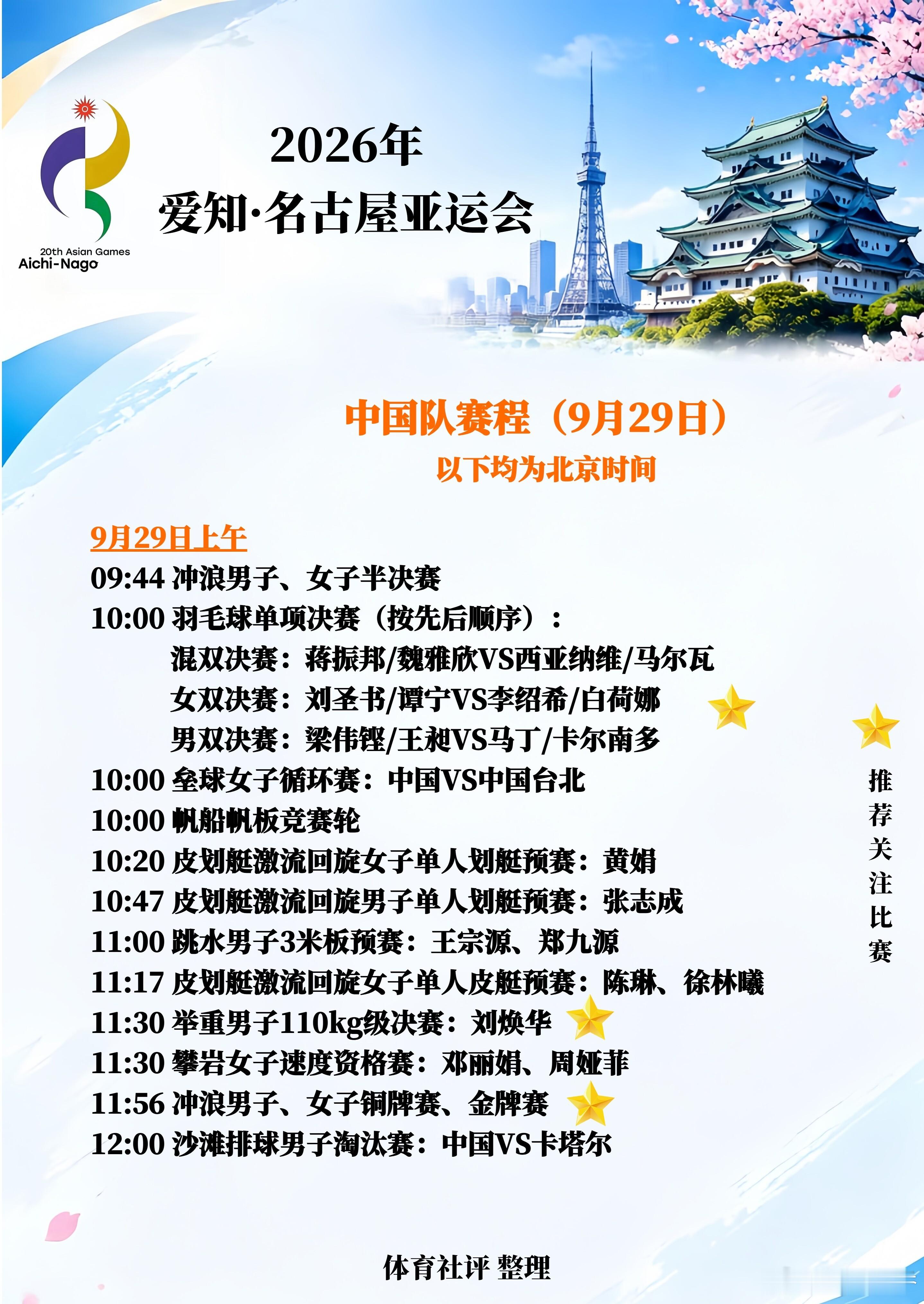 🏅【9月29日观赛指南】爱知·名古屋亚运会中国队赛程看点9月29日，亚运会迎来多项赛事收官日！中国