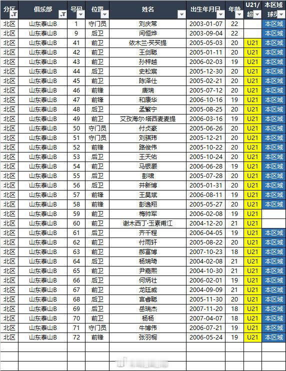 据德转自整理的，2025赛季中乙联赛山东泰山B队的大名单。(如有出入请以官方发布