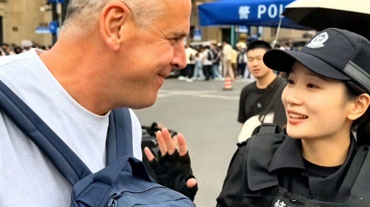 她推开的，不是一只手，是一个时代的仰视。国庆外滩，人山人海。一个外籍游客想和