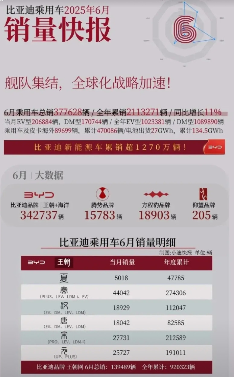 别看比亚迪车型是越来越多，但销量却在原地踏步，所有车型几乎都是不增反降，尤其是王